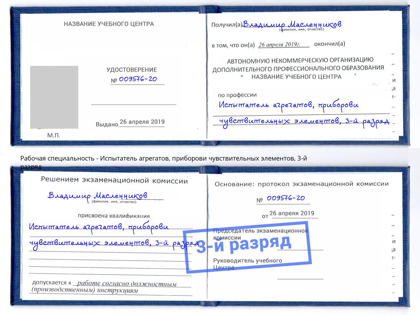 корочка 3-й разряд Испытатель агрегатов, приборови чувствительных элементов Североморск