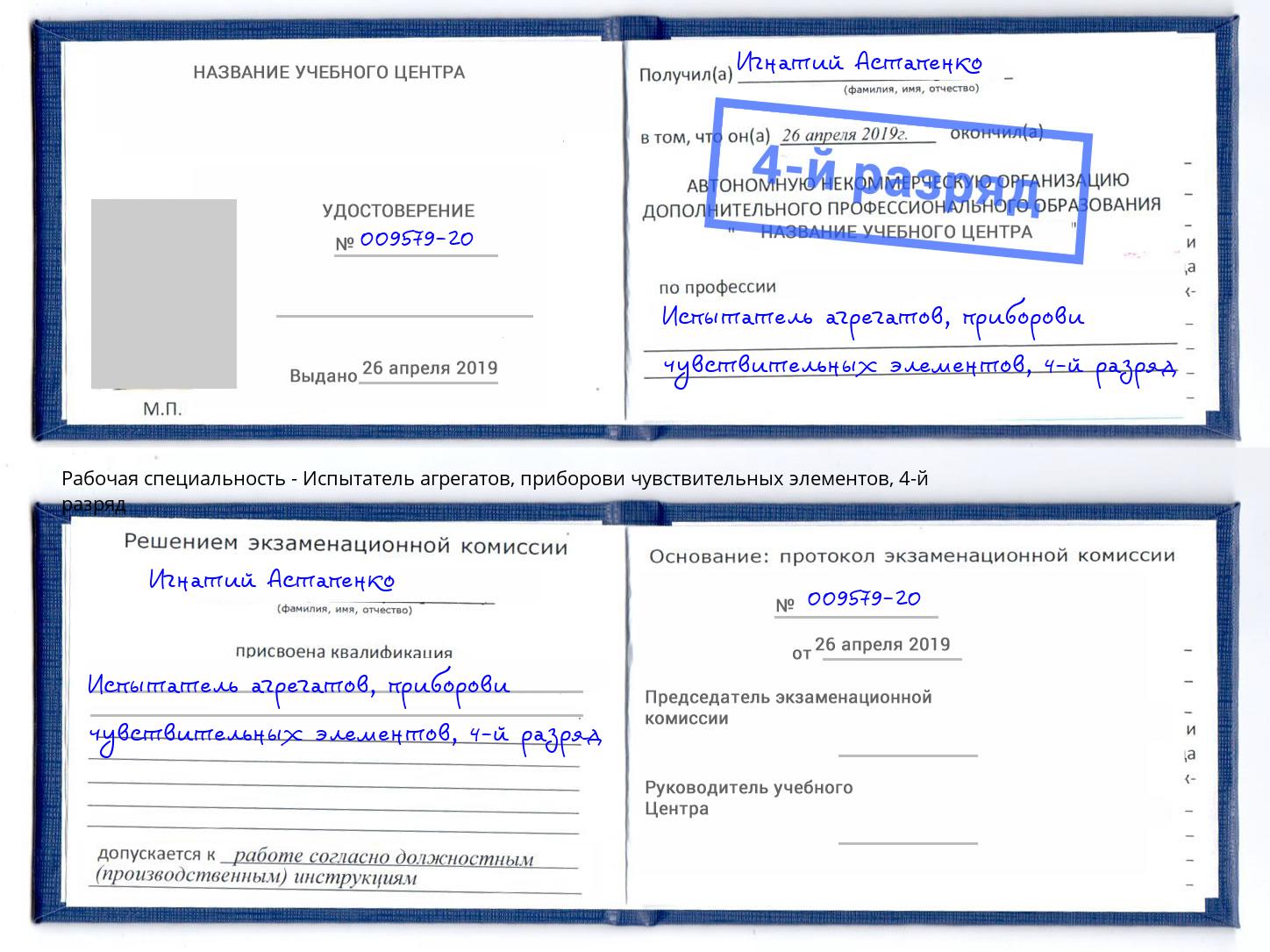корочка 4-й разряд Испытатель агрегатов, приборови чувствительных элементов Североморск