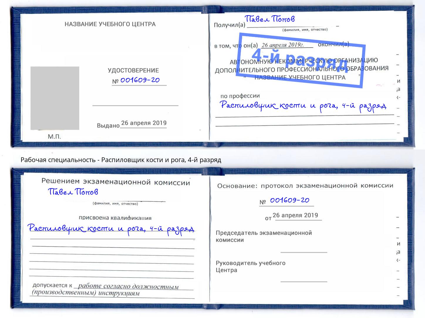 корочка 4-й разряд Распиловщик кости и рога Североморск