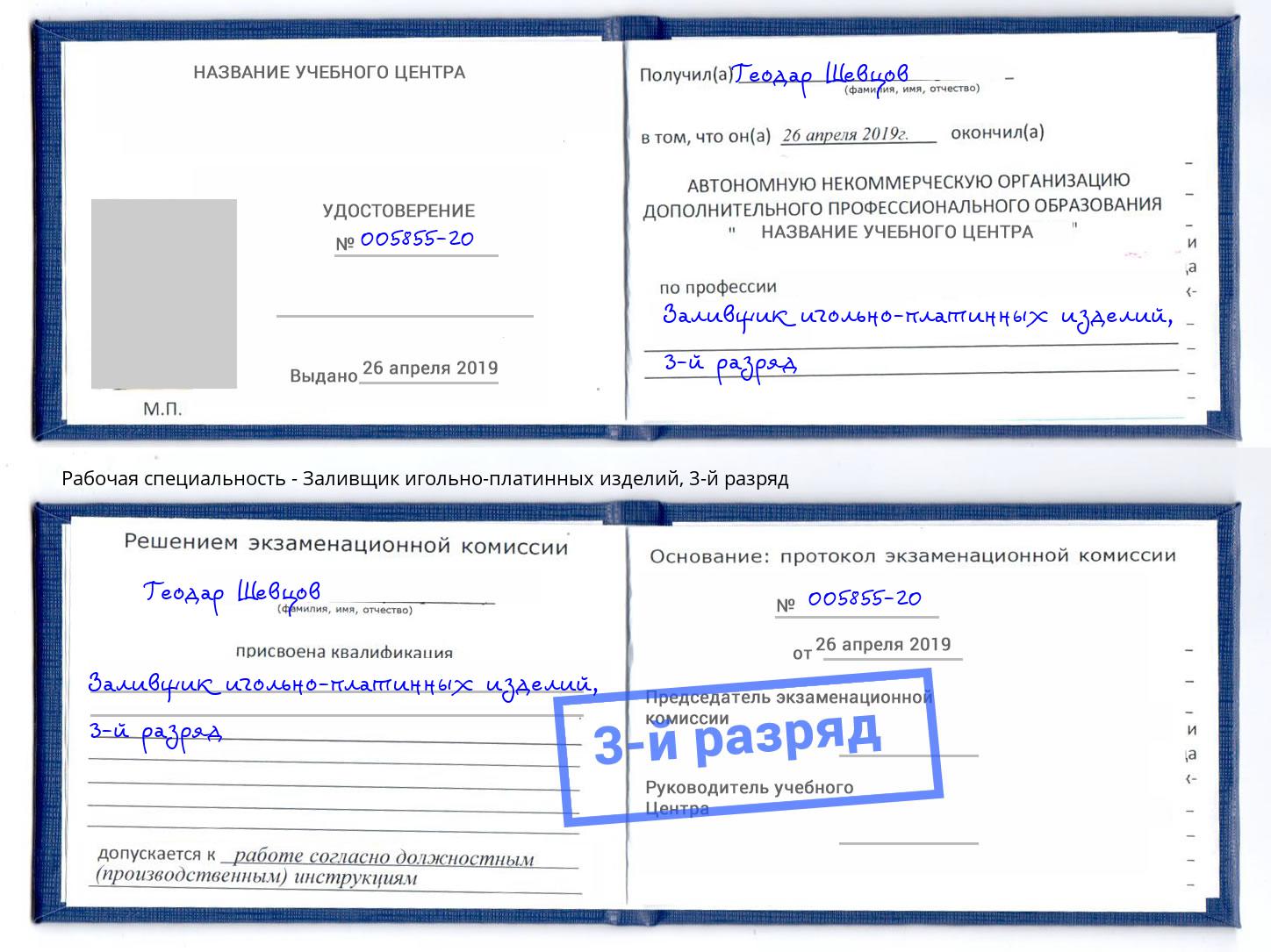 корочка 3-й разряд Заливщик игольно-платинных изделий Североморск