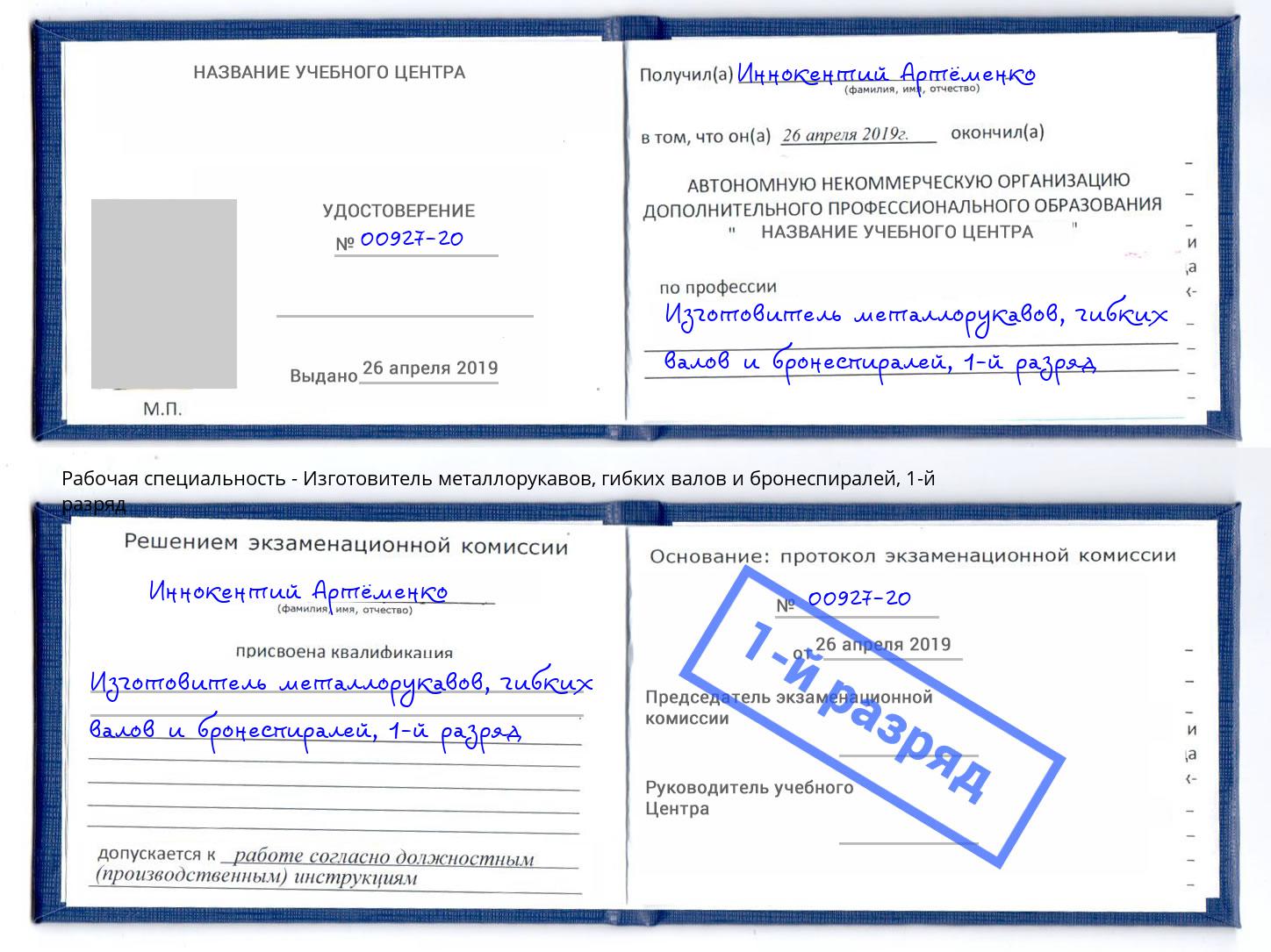 корочка 1-й разряд Изготовитель металлорукавов, гибких валов и бронеспиралей Североморск