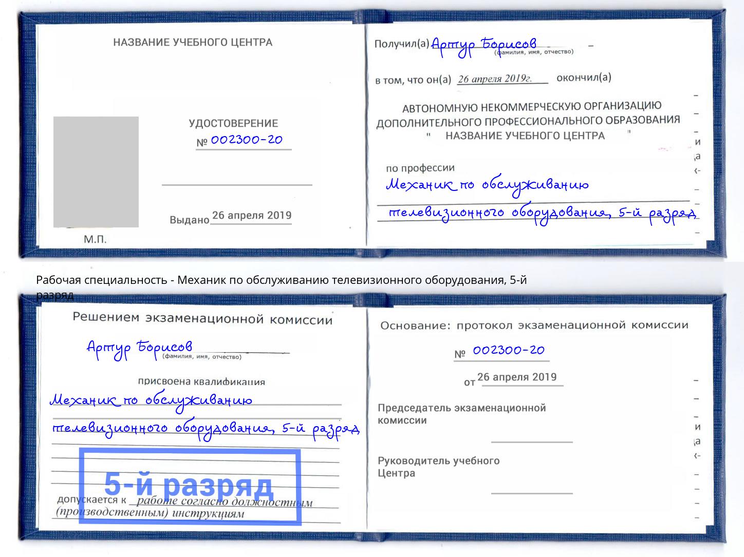 корочка 5-й разряд Механик по обслуживанию телевизионного оборудования Североморск