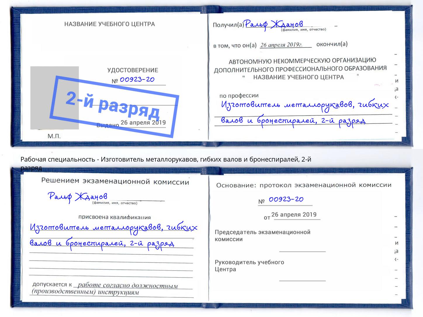 корочка 2-й разряд Изготовитель металлорукавов, гибких валов и бронеспиралей Североморск